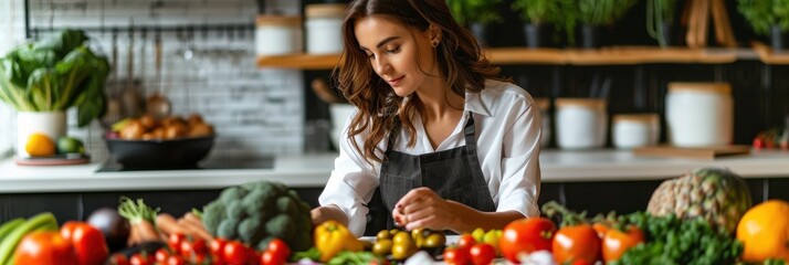 Obraz premium A woman in an apron prepares fresh vegetables and fruits in a modern kitchen, surrounded by colorful produce.