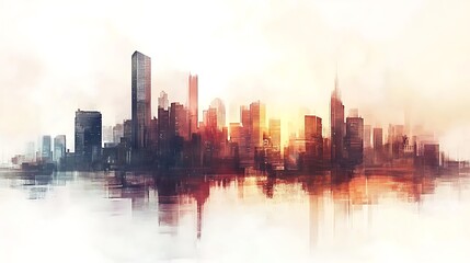 Fototapeta premium City skyline at sunrise, warm colors reflecting on water.