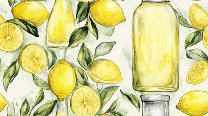 Seamless watercolor pattern featuring hand drawn Limoncello bottle and glass with vibrant lemons ideal for packaging and menu design