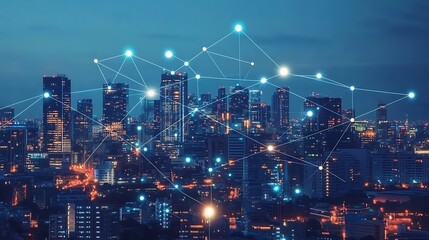 Night cityscape with glowing network connections.