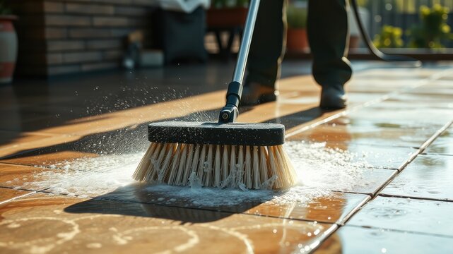 Close-up of a powerful cleaning brush scrubbing a tiled surface with water and foam, leaving a sparkling clean effect.