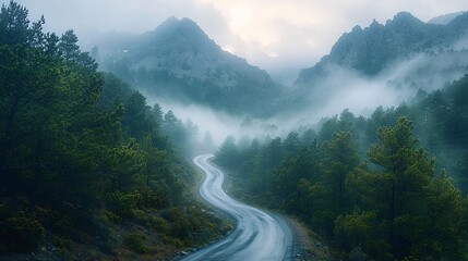 Fog envelops winding mountain road amidst peaceful nature at dawn