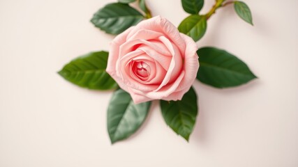Fototapeta premium A delicate pink rose with soft petals and vibrant green leaves on a white background