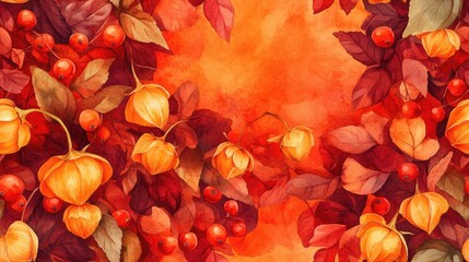 Seamless watercolor illustration of physalis and autumn berries in vibrant orange ideal for harvest festival and Thanksgiving invitations