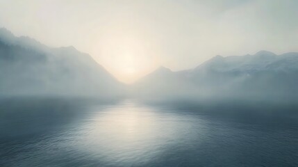Fototapeta premium A serene landscape featuring misty mountains and a calm lake at sunrise.