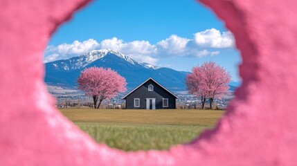 Blooming cherry blossoms framing a countryside farmhouse