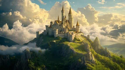 Majestic castle perched atop a mountain, enveloped in dreamy clouds.