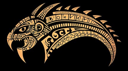 Tribal stylized bird design, gold on black background.