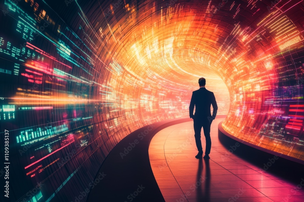 Wall mural a business professional stands at the edge of an illuminated path. bright data streams swirl around.
