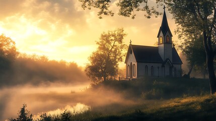 Fototapeta premium Serene sunrise over a church by the lake. Golden hour light bathes the tranquil scene.