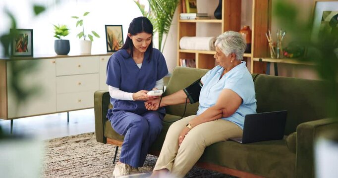Blood pressure, test and nurse with old woman on sofa for hypertension, elderly care or caregiver. Occupational therapy, diabetes and healthcare with senior patient in nursing home for medical advice