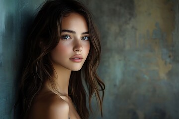 Naklejka premium Intriguing Freckles Delicate Makeup Smooth Skin Long Hair Bokeh