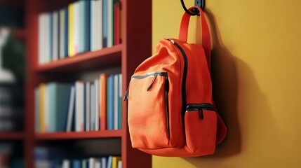Student backpack hanging on a hook with school books below, ready for class.