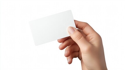 Hand holding a blank credit card against a plain white background in a neutral setting