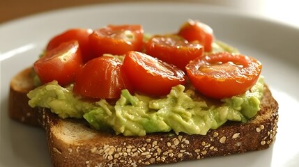Whole grain toast topped with smashed avocado and cherry tomatoes, brain boosting breakfast, simple and healthy