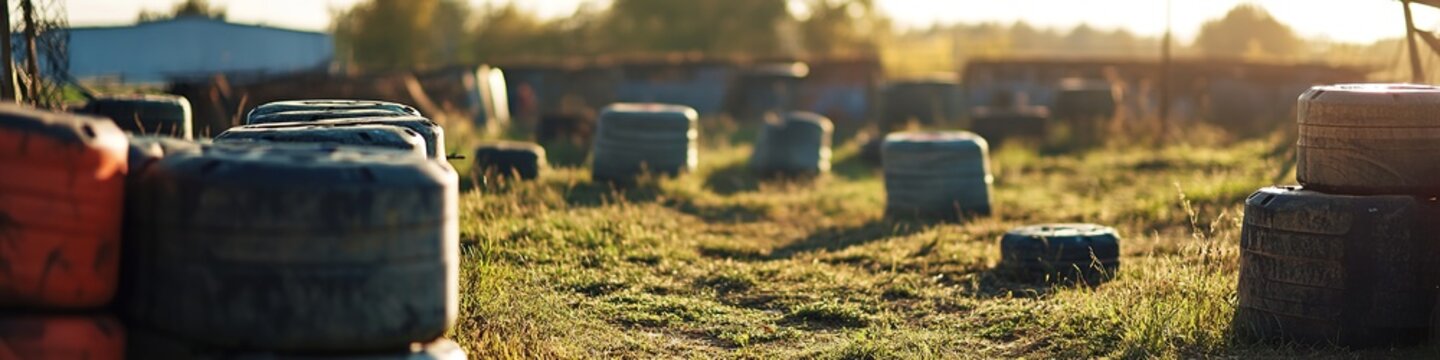 Sunset at outdoor paintball field with scattered tires for cover