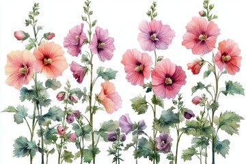 A watercolor illustration of colorful hollyhock flowers in various shades.