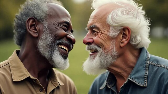 A multiracial gay couple of an old black African American man and an old white man are laughing