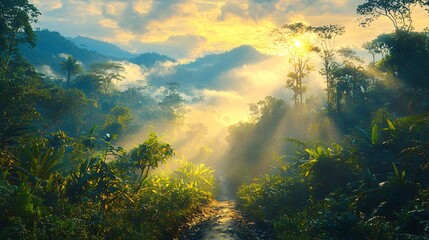 Fototapeta premium Sunlight filters through the jungle canopy in a misty morning landscape