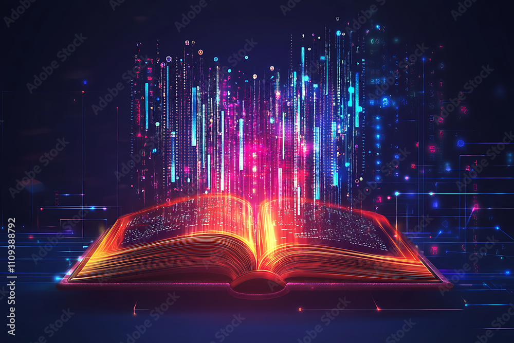 Poster an open book emitting colorful digital data streams, symbolizing knowledge and technology.