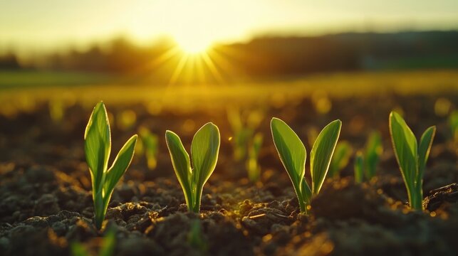 Tender wheat sprouts stretch upwards in a lush field basking in the glowing warmth of the early morning sunlight welcoming a new day