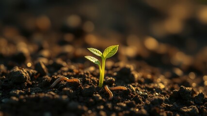 Fototapeta premium A single seedling bravely emerges from the rich earth, bathed in the warm glow of the setting sun.