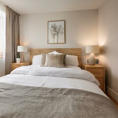 A serene bedroom with light wood furniture, white bedding, and accent pillows. Include a bedside table with a lamp, a cup of coffee, and a framed artwork on the wall
