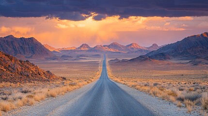 Isolated desert road stretches infinitely under a dramatic sunset sky