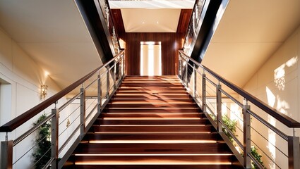 Fototapeta premium A beautifully designed staircase bathed in natural light and elegance.