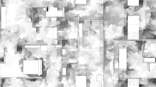 Seamless black and white watercolor condo apartment floor plan pattern ideal for real estate development and management projects