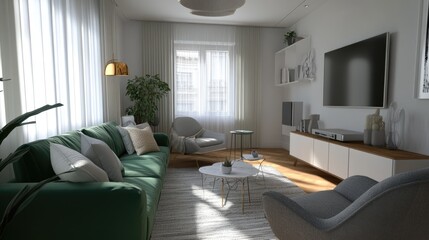 Modern living room interior with green sofa and natural light