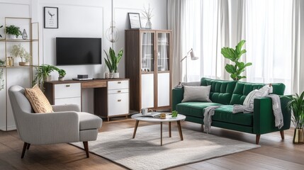 Modern living room with green sofa and indoor plants in bright natural light