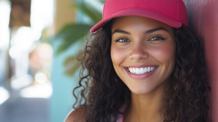 Smiling woman in red cap enjoying a sunny day outdoors. National wear red day - Powered by Adobe