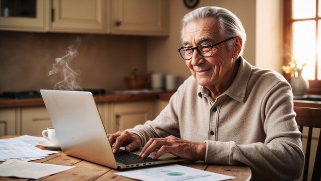 A smiling senior man enjoys technology while working at home.