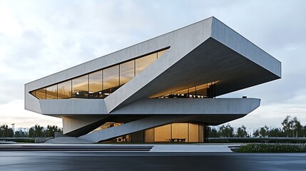 Fototapeta premium Modern concrete building with sharp angles and large windows. The building is illuminated from within, creating a warm contrast against the cool exterior.