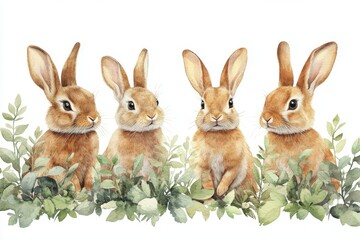 Obraz premium A watercolor illustration of four rabbits among green foliage.