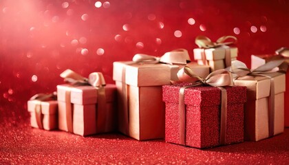 Obraz premium Christmas Gift Boxes on Shiny Light Red Background Festive Holiday Scene