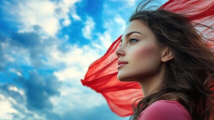 Woman with flowing red scarf against dramatic cloudy sky