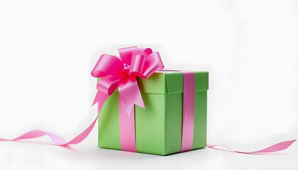 Green gift box with pink bow on white background. International Women's Day with a white accent, png