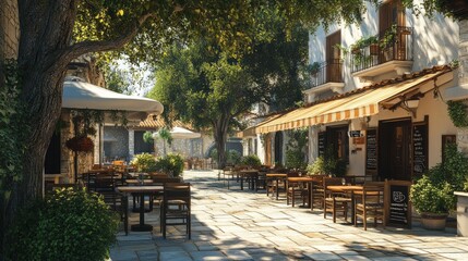 Obraz premium Sunny Mediterranean street scene with outdoor cafes, stone pavement, and lush greenery.
