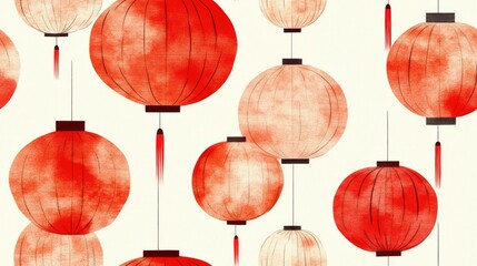 Hand drawn seamless pattern featuring red round and cylindrical Chinese paper lanterns decorative design for home textiles wallpapers