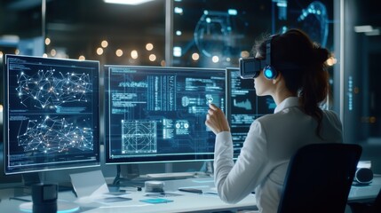 A futuristic IT lab featuring branded servers, augmented reality headsets,