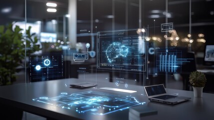 Obraz premium A futuristic IT lab featuring branded servers, augmented reality headsets,
