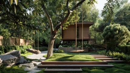 The image showcases a serene backyard with a modern treehouse, swings hanging from a large tree, lush greenery, wooden steps, and a peaceful ambiance surrounded by nature.