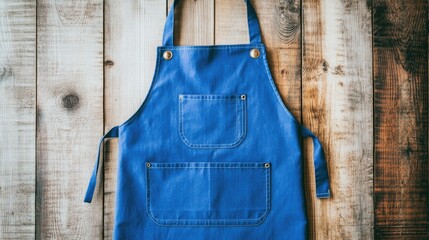 Blue apron on rustic wooden background. Design template, print presentation mockup, empty