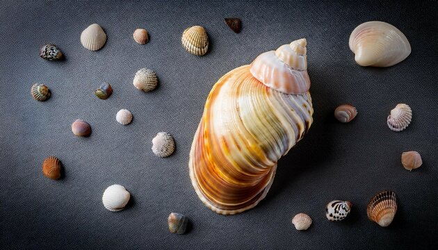 sea snails shell of raw whelk sea snail bulot bulots on grey background macro shot french delicatessen seafood buccinum undatum top view flat lay