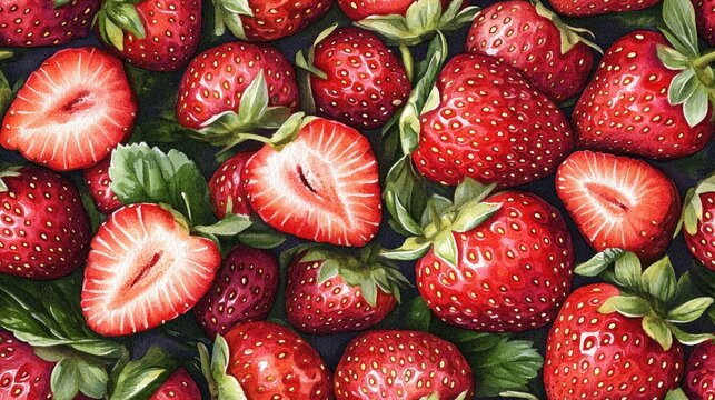 Seamless watercolor pattern featuring vibrant strawberries and cut strawberry frames ideal for custom invitations and stationery
