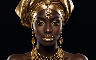 Portrait of a Black woman wearing gold headwrap and jewelry.