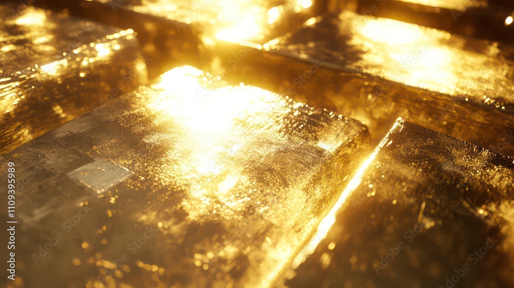 Poster golden-hued ice blocks reflecting sunlight, creating a warm, textured surface.