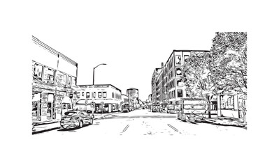 Print Building view with landmark of Vancouver is the city in USA. Hand drawn sketch illustration in vector.